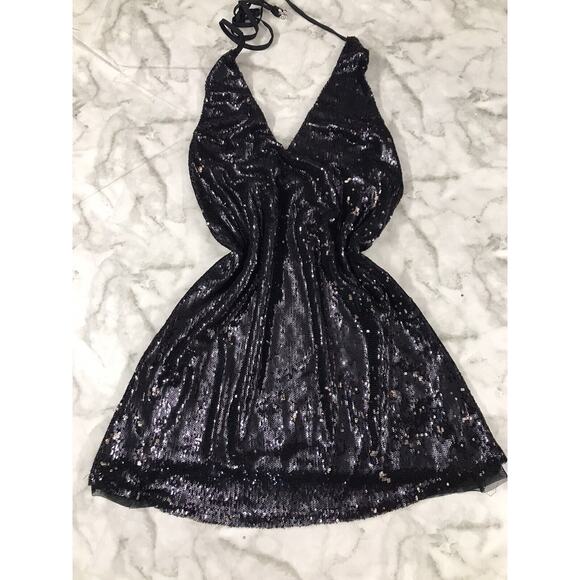 FREE PEOPLE Women Sequin Slip Mini Strappy Dress GOLD/BLK Cocktail Party XS - Picture 2 of 10